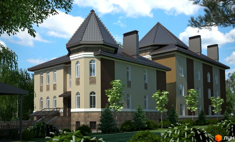 Клубний будинок „Софія“ з кам'яним цоколем та коричнево-бежевими фасадами, оточений зеленню та деревами. Навколо будинку доглянута прибудинкова територія з газоном та кущами.