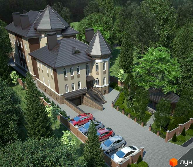 Клубний будинок „Софія“ з багатоскатним дахом та вежею, оточений деревами, з парковкою та цегляною огорожею.