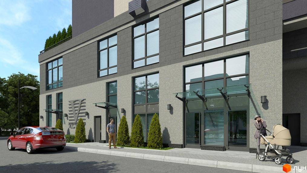 Зовнішній вигляд новобудови Victory V з великими вікнами та сірим фасадом. Поруч прибудинкова територія з деревами, автомобілем та жінкою з дитячим візком.