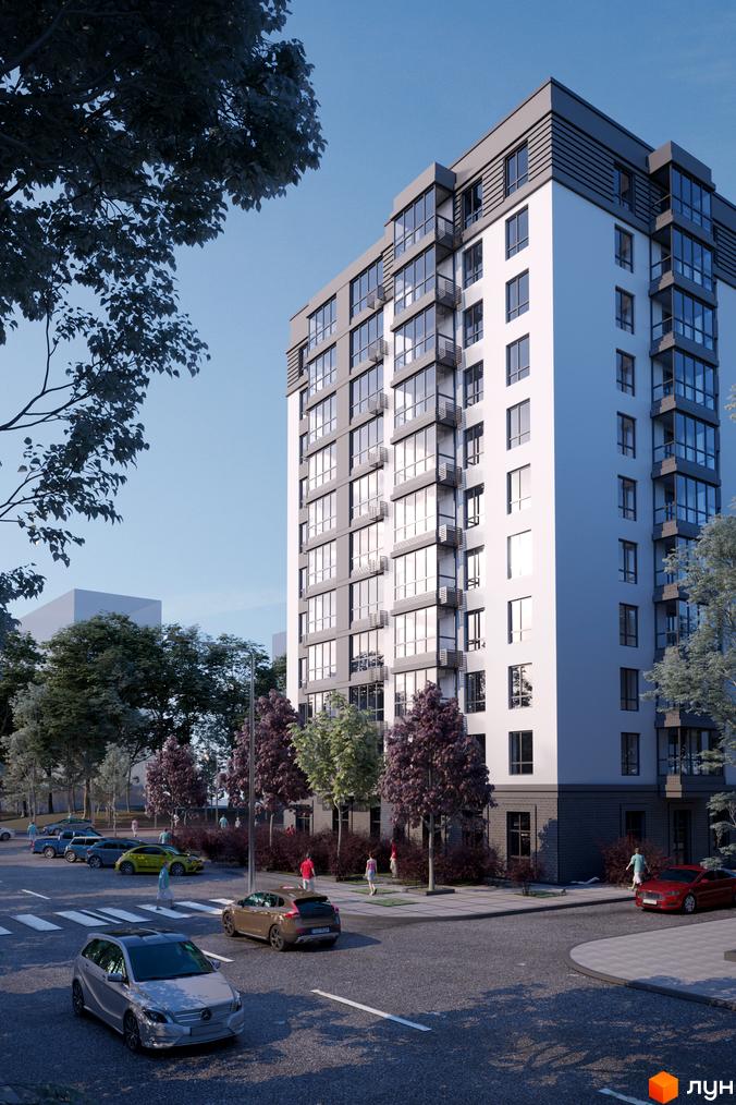 Новобудова Сімейний з панорамними вікнами та балконами, розташована біля дороги з автомобілями та пішохідним переходом.