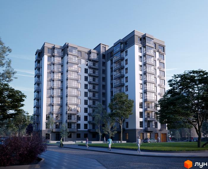 Зовнішній вигляд новобудови ЖК Сімейний з багатьма вікнами та балконами, зелена прибудинкова територія з деревами та пішохідними доріжками.