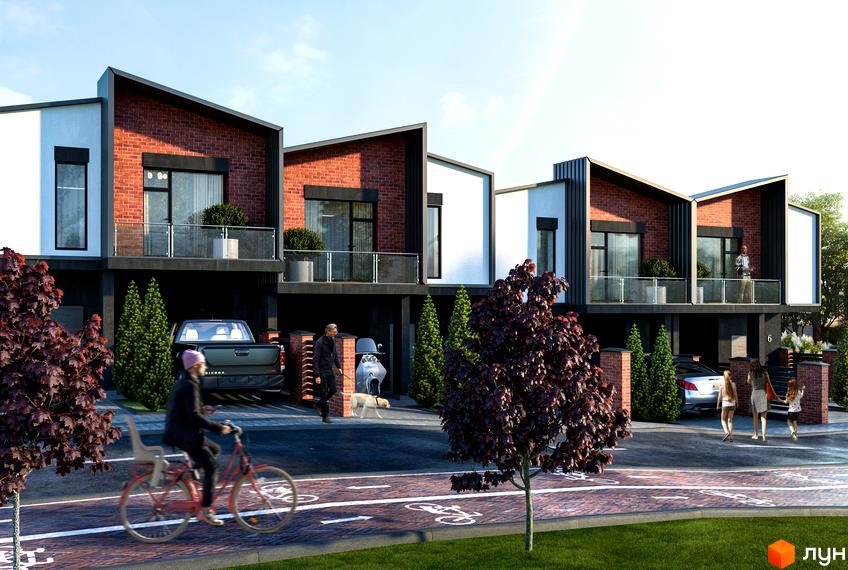 Котеджне містечко Timberland: сучасні будинки з цегляними фасадами та балконами, прибудинкова територія з велосипедною доріжкою та людьми.