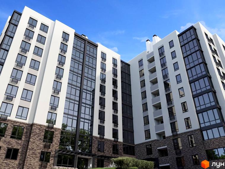 Зовнішній вигляд новобудови ЖК Sweet Home з цегляним цоколем та великими вікнами. Навколо будинку зелені насадження та блакитне небо.