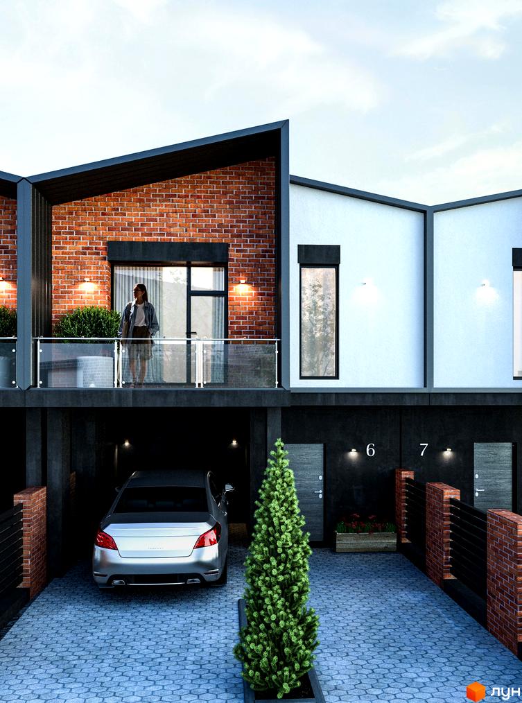 Котеджне містечко Timberland. Цегляний будинок з балконом та гаражем. Бруківка на подвірʼї, зелені насадження, котеджі з номерами 6 та 7.