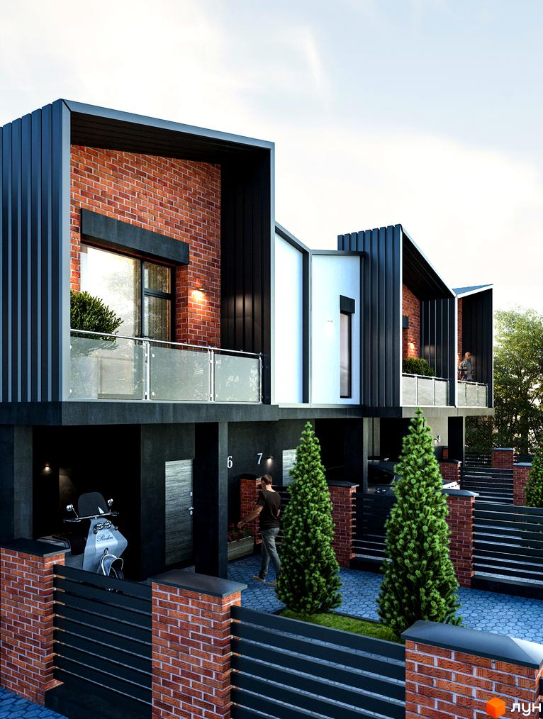 Зображення сторінки житлового комплексу КМ Timberland. На фото зображено будинки з цегляним фасадом та чорними елементами, а також прибудинкова територія з деревами та парканом.