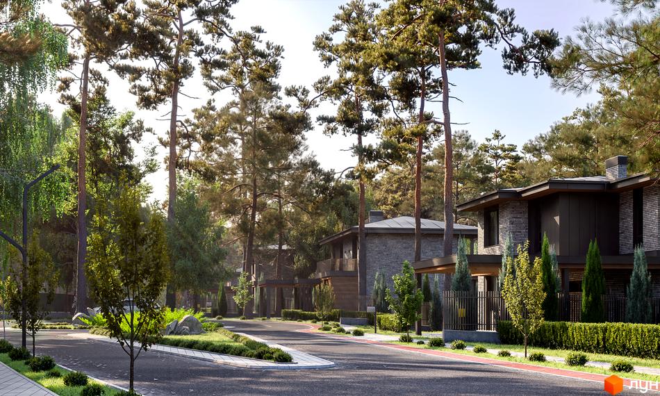 Зображення житлового комплексу КМ PROЦВІТ VILLAGE. Цегляні будинки з плоскими дахами розташовані серед високих дерев та доглянутої прибудинкової території.