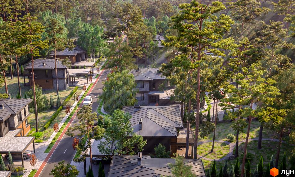 Котеджне містечко PROTSVIT VILLAGE з будинками, оздобленими каменем та деревом, розташоване серед високих сосен. На території є дороги та зелені зони.