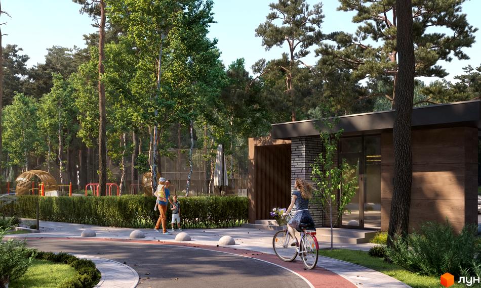 КМ PROЦВІТ VILLAGE: сучасний житловий комплекс з дитячим майданчиком та зоною відпочинку на фоні лісу.