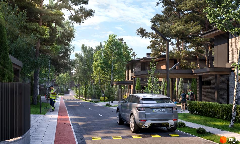 Котеджне містечко КМ PROЦВІТ VILLAGE. Сучасні будинки з цегли та дерева, доглянута прибудинкова територія з деревами та дорогою.