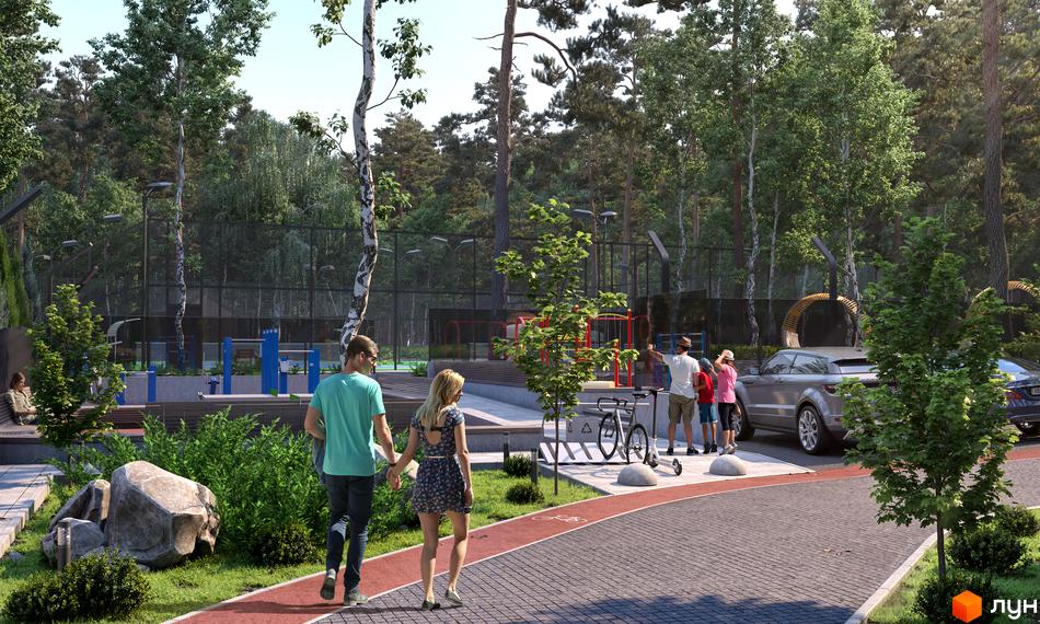 Зображення території Містечка котеджів PROЦВІТ VILLAGE. На фото зображено пару, що прогулюється алеєю, та сім'ю біля автомобіля.