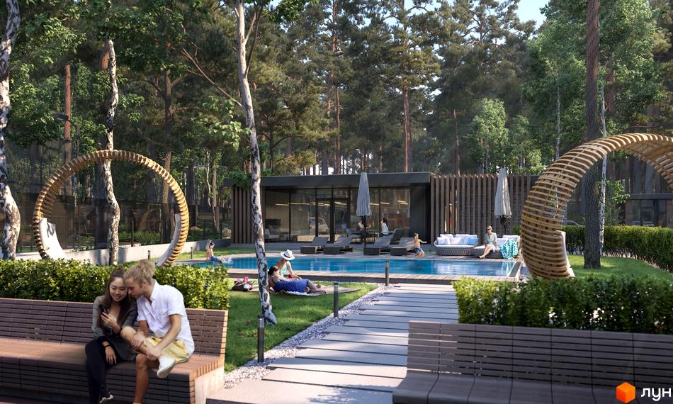 На зображенні представлено котеджне містечко PROЦВІТ VILLAGE з басейном та зоною відпочинку. На території комплексу є лави, зелені насадження та великі дерева.