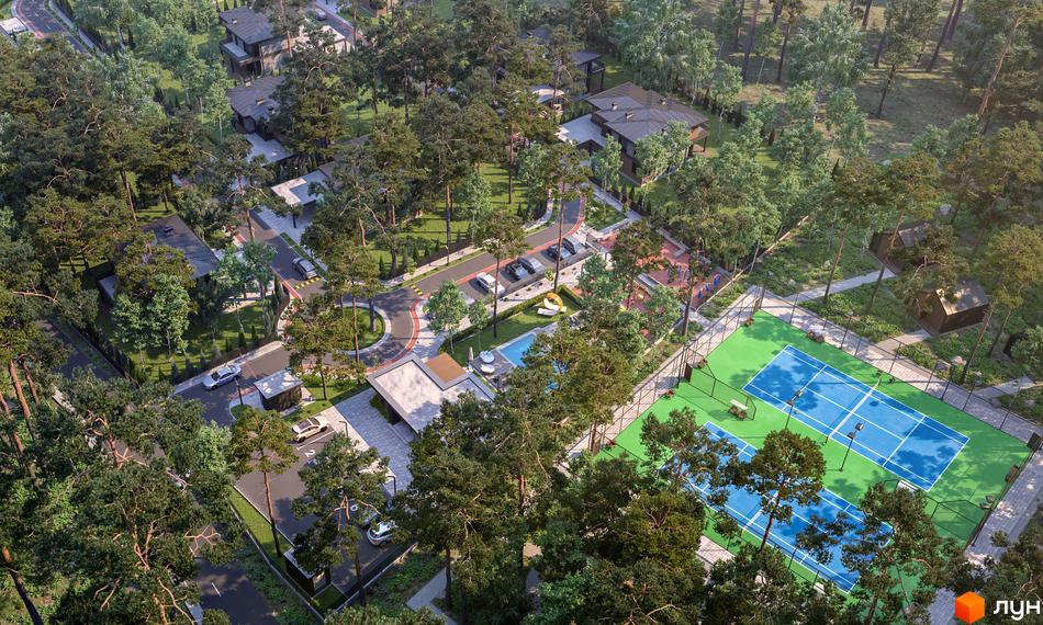 Зображення сторінки Котеджне містечко PROЦВІТ VILLAGE. На фото видно будинки з темною покрівлею, поруч тенісний корт та дитячий майданчик, навколо багато дерев.