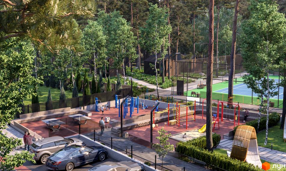 Котеджне містечко PROЦВІТ VILLAGE. На території комплексу розташовані спортивні майданчики, тенісний корт та зони для відпочинку.