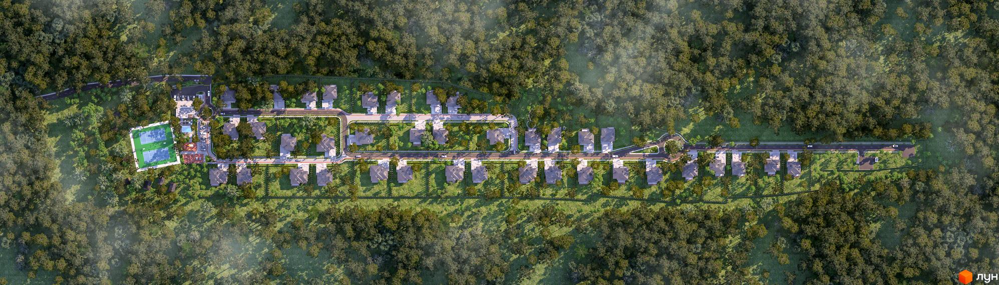 Вид зверху на Котеджне містечко PROЦВІТ VILLAGE. Двоповерхові будинки з темною покрівлею розташовані серед зелені та дерев, поруч з тенісними кортами.