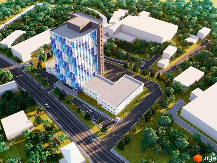 Висотна будівля ЖК OASIS з фасадом у біло-блакитних тонах. На території комплексу є озеленення, парковка та дорога.