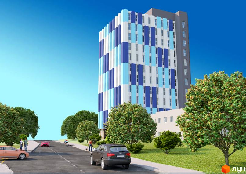 Житловий комплекс OASIS з фасадом у синьо-білу смужку, розташований на схилі вулиці з деревами та автомобілями.