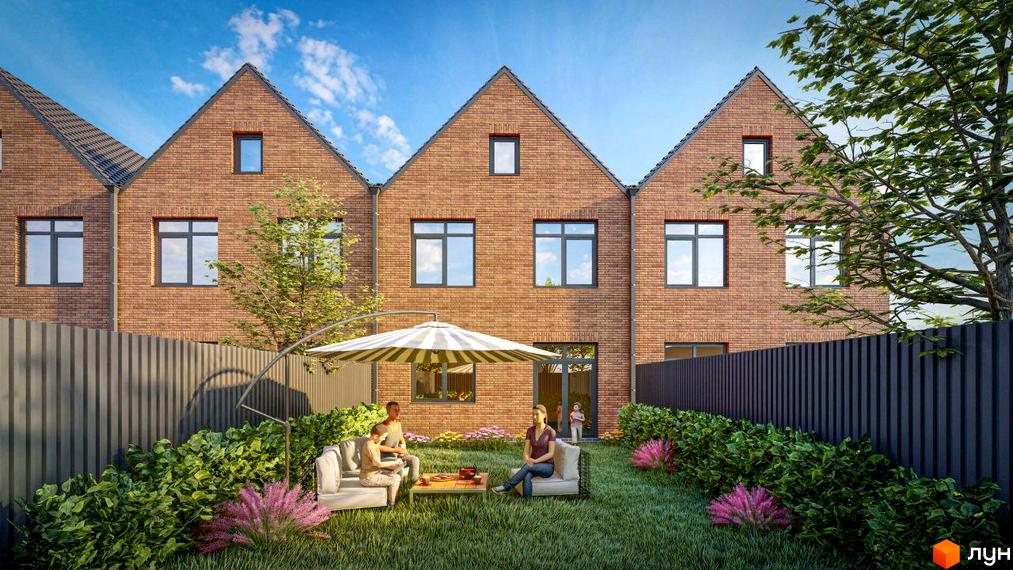 Таунхаус „На Гоголя“: цегляні фасади трьох будинків з двосхилими дахами, вікнами та зеленою прибудинковою територією з місцем для відпочинку.