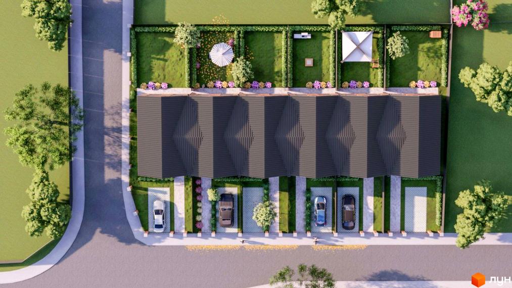 Зображення сторінки житлового комплексу. Ряд таунхаусів з темними дахами, перед кожним будинком парковка для авто, позаду будинку зелені газони.