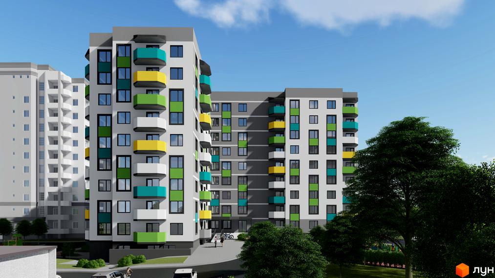 Зображення багатоповерхового будинку ЖК Весна з кольоровими балконами. На території є дерева, парковка та доріжки для пішоходів.
