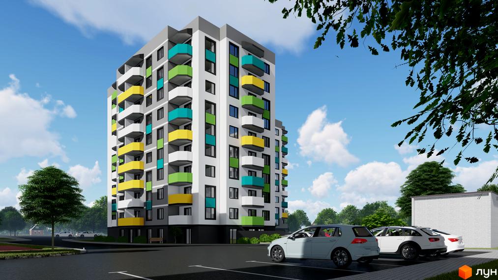 Висотна новобудова з балконами різних кольорів. На території комплексу є парковка для автомобілів, зелені насадження та блакитне небо.