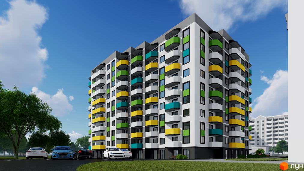 Житловий комплекс Весна - це багатоповерхова новобудова з яскравими балконами та парковкою біля будинку.