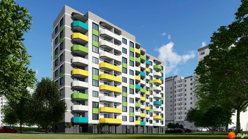 Висотна новобудова ЖК Весна з різнокольоровими балконами на тлі блакитного неба. На передньому плані зелені дерева та газон, а також припарковані автомобілі.