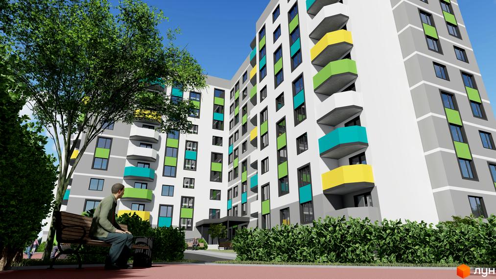 Зовнішній вигляд житлового комплексу Весна з яскравими балконами та зеленою прибудинковою територією. На лавці сидить чоловік, насолоджуючись краєвидом.