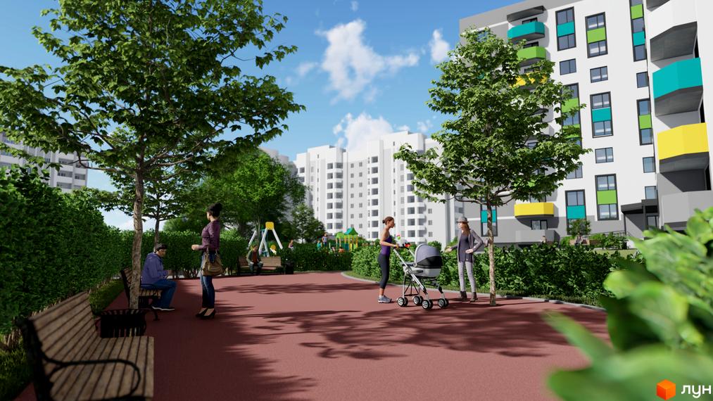 Житловий комплекс Весна: багатоповерхові будинки з яскравими балконами та зелена прибудинкова територія з дитячим майданчиком та зонами відпочинку.