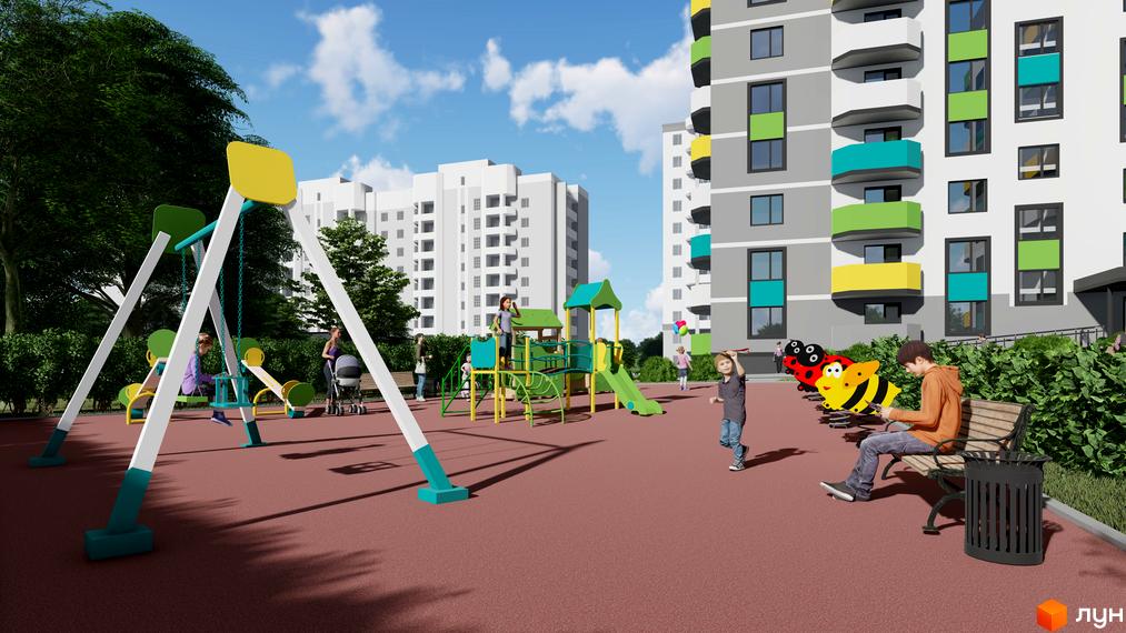 Житловий комплекс Весна: дитячий майданчик з гойдалками та гірками перед багатоповерховими будинками.