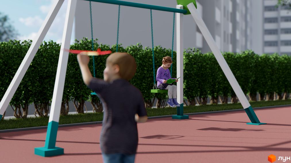 Дитячий майданчик у дворі ЖК Весна з гойдалками та зеленими насадженнями. Хлопчик запускає літак, а дівчинка читає книгу.