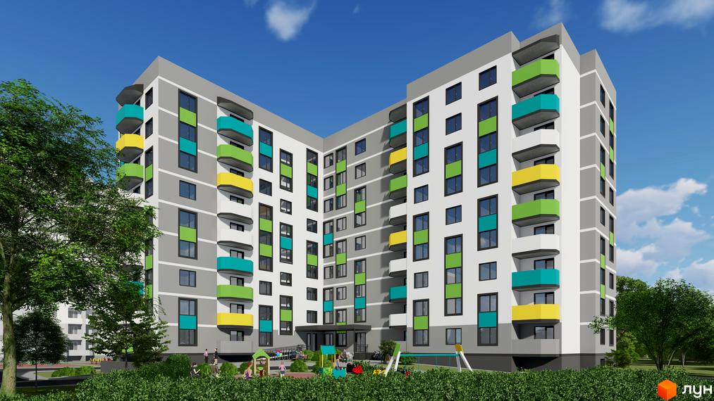 Зовнішній вигляд житлового комплексу Весна з яскравими балконами та дитячим майданчиком на прибудинковій території.