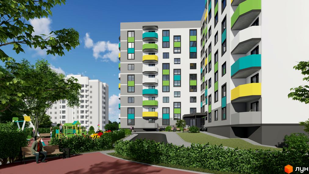 Житловий комплекс Весна з яскравими балконами та доглянутою прибудинковою територією з дитячим майданчиком та зонами відпочинку.