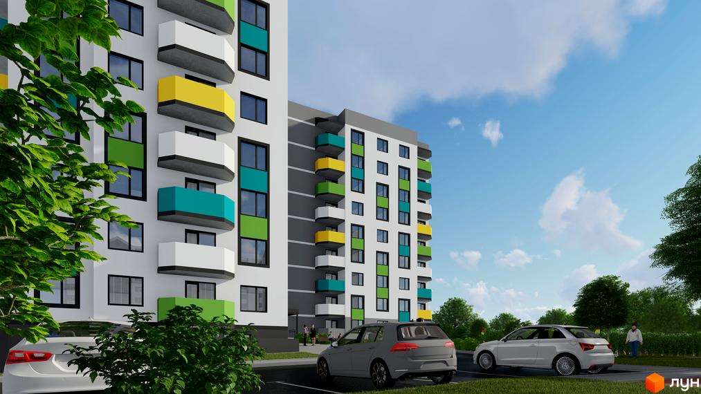 Житловий комплекс Весна – це сучасна новобудова з яскравими балконами та доглянутою прибудинковою територією з парковкою та зеленими насадженнями.