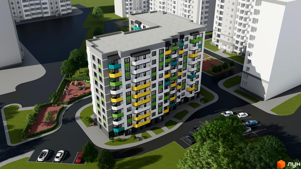 Житловий комплекс Весна. Багатоповерховий будинок з кольоровими фасадами, поруч дитячий майданчик та парковка для автомобілів.