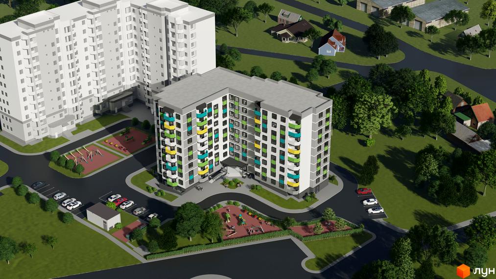 Житловий комплекс Весна з яскравими балконами та дитячим майданчиком. Сучасна архітектура та зелена прибудинкова територія.