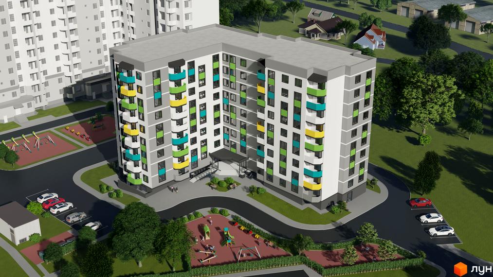 Житловий комплекс Весна - багатоповерховий будинок з яскравими балконами та дитячим майданчиком поруч. Навколо будинку розташовані паркувальні місця та зелені насадження.