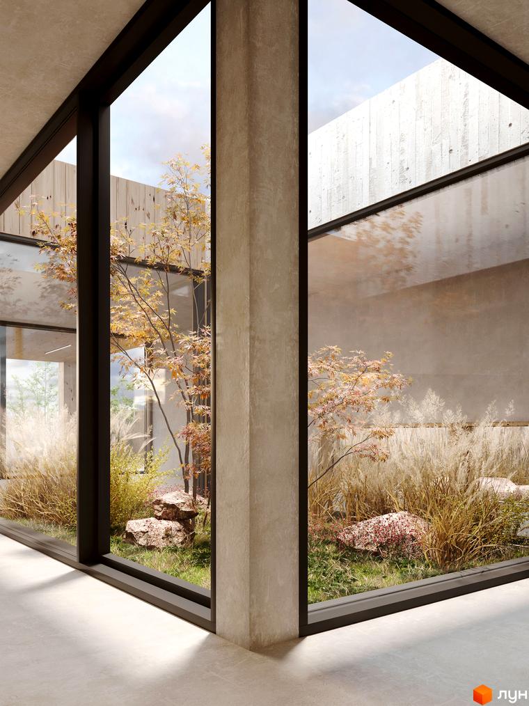 Візуалізація фасаду будинку з великими вікнами, що виходять на внутрішній дворик з рослинами та камінням. Піщана, 25а, 25б - ЖК.