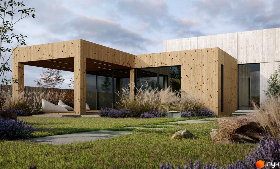 Зовнішній вигляд будинку з дерева з великими вікнами. На прибудинковій території газон, квіти та доріжки з каменю.