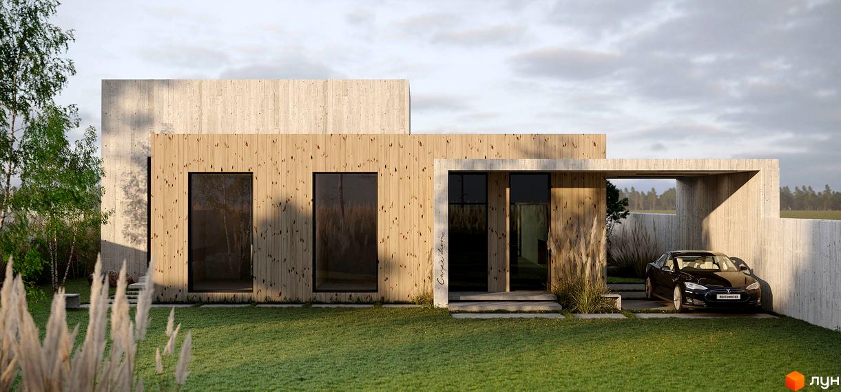 Одноповерховий будинок з дерев'яним фасадом та бетонними елементами. На території будинку газон, рослини та місце для паркування автомобіля.
