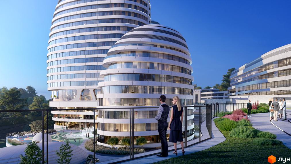 Високі будівлі з круглими балконами та панорамними вікнами. На території комплексу є зелені зони, фонтани та дитячий майданчик. БФК INTERGAL CITY.