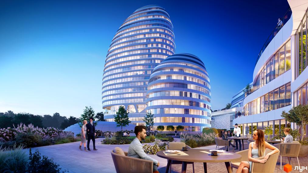 БФК INTERGAL CITY. Високоповерхові будівлі з панорамними вікнами. На території комплексу є тераси з місцями для відпочинку та озелененням.