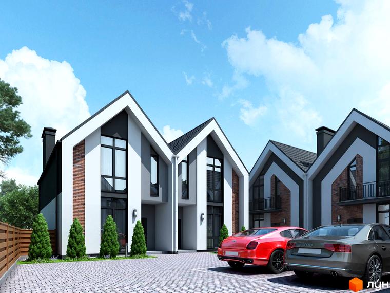 Зображення фасаду будинку житлового комплексу з червоною машиною та сірим автомобілем на стоянці, блакитне небо з хмарами.