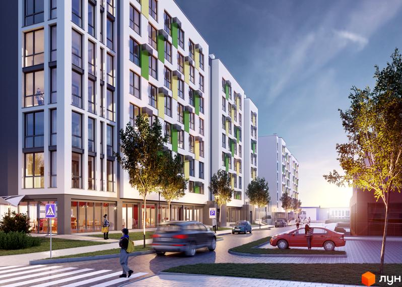 Зовнішній вигляд новобудови ЖК Софіївка з яскравими фасадами та великою кількістю вікон. Прибудинкова територія з деревами, дорогою та пішохідним переходом.