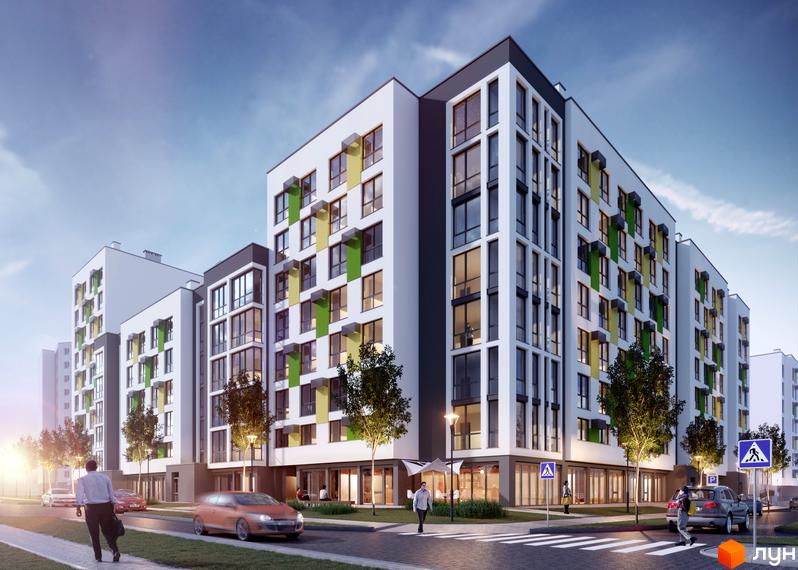 Зовнішній вигляд новобудови ЖК Софіївка з яскравими елементами на фасаді та прибудинковою територією з деревами та пішохідним переходом. Опис новобудови з акцентом на архітектуру та оточення.