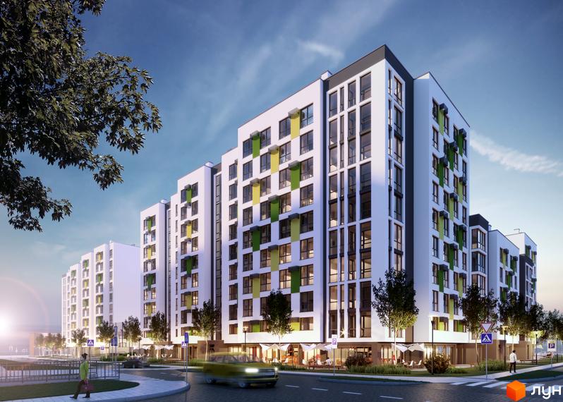 Новобудова ЖК Софіївка. Багатоповерхові будинки з білими фасадами та кольоровими елементами. Навколо зелені насадження та облаштована прибудинкова територія.