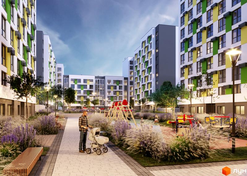 Новобудова Софіївка з яскравим фасадом та дитячим майданчиком. Затишна прибудинкова територія з лавками та озелененням.