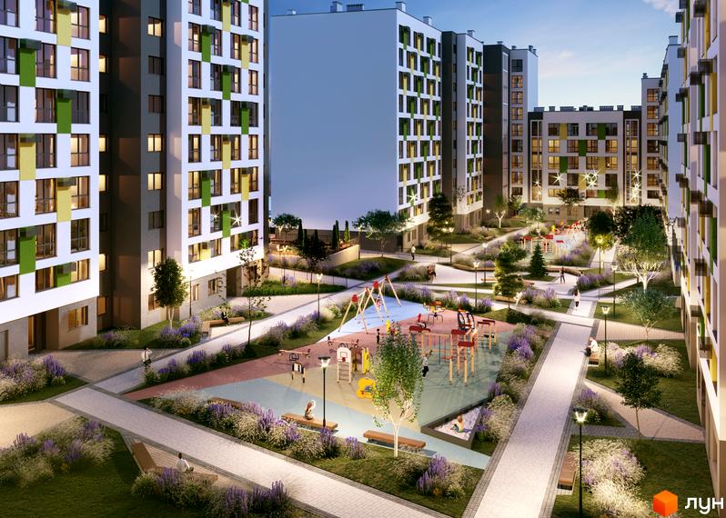 Зовнішній вигляд житлового комплексу Софіївка з фасадами, прикрашеними зеленими та жовтими елементами. На прибудинковій території розташовані дитячі майданчики, зони відпочинку та зелені насадження.