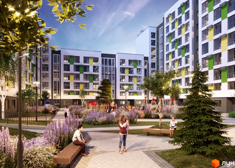 Житловий комплекс Софіївка: фасади будинків з яскравими кольоровими акцентами та доглянута прибудинкова територія з дитячим майданчиком та зонами відпочинку.