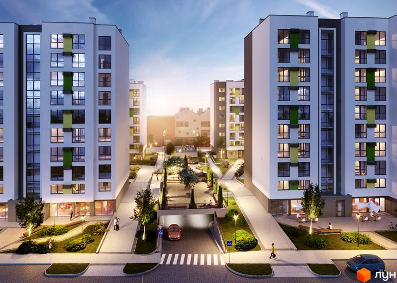 Зовнішній вигляд новобудови ЖК Софіївка з зеленими та жовтими елементами на фасаді. Прибудинкова територія з доріжками, деревами та місцями для відпочинку.