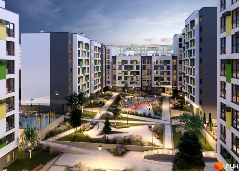 Житловий комплекс Софіївка: фасади будівель з яскравими кольоровими акцентами та доглянута прибудинкова територія з дитячим майданчиком та зонами відпочинку.